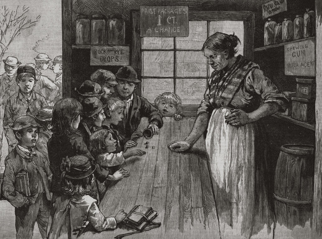 Detail of Storekeeper Watching Young Children Roll Dice for Treats by Corbis