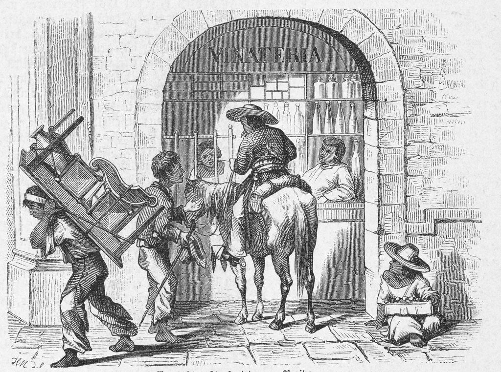 Detail of Man on Horse Alongside Beggar Vendor and Pedestrian by Corbis