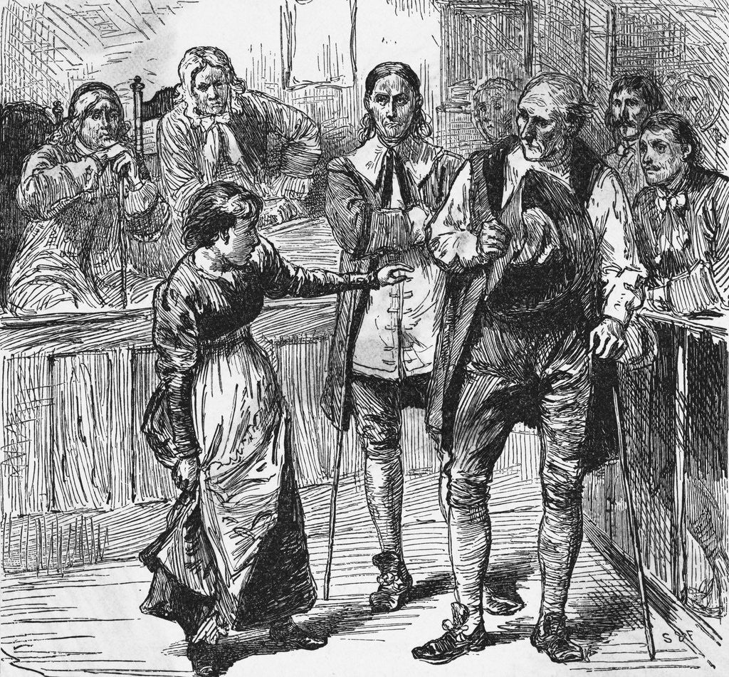 Detail of Young Woman Holding Her Dress While Speaking in Courtroom by Anonymous
