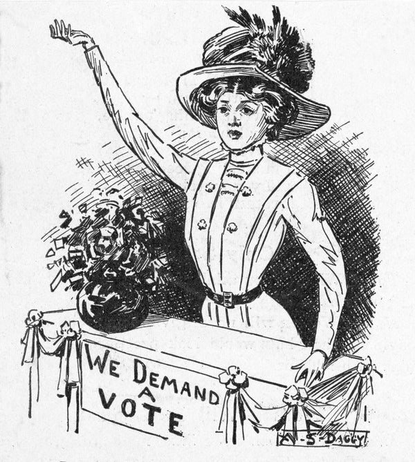 Voting Rights Drawing In Political Cartoon on Suffrage Movement posters & prints by Anonymous