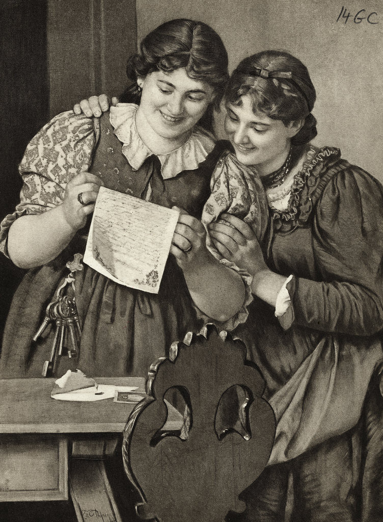 Detail of Early Drawing of Young Ladies Sharing Handwritten Communication by Corbis