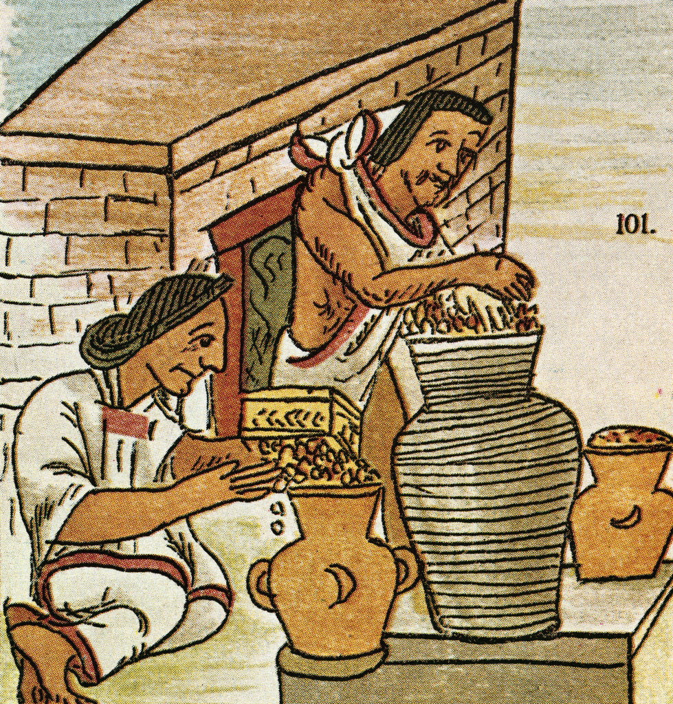 Detail of Illustration of Aztecs Storing Amaranth from the Florentine Codex by Corbis
