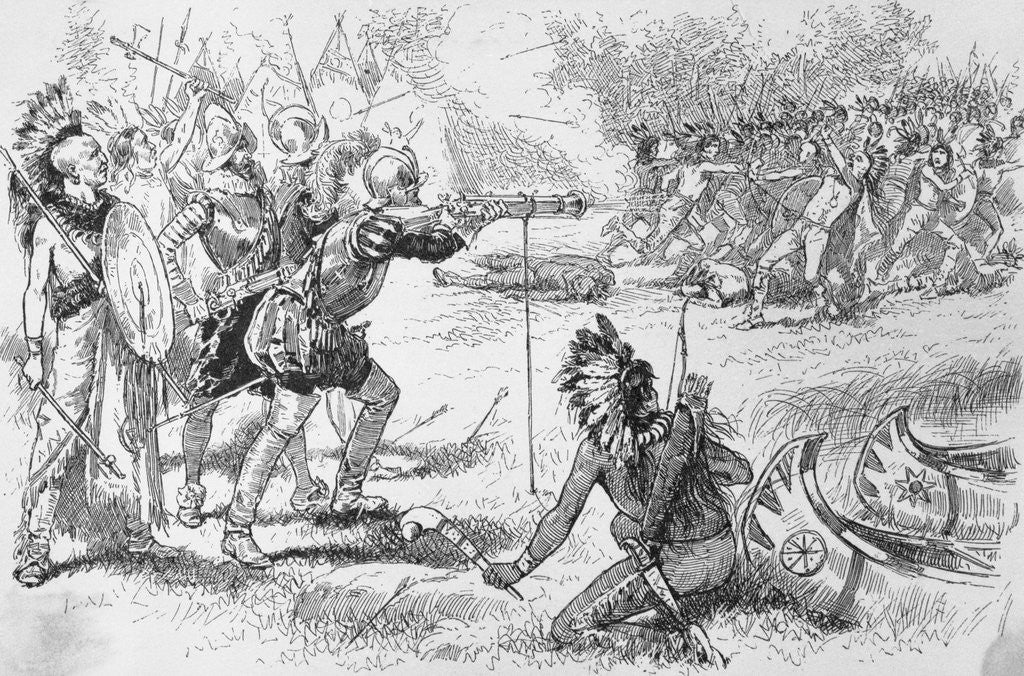 Detail of Illustration of Native Americans Fighting with Samuel de Champlain Party by Anonymous