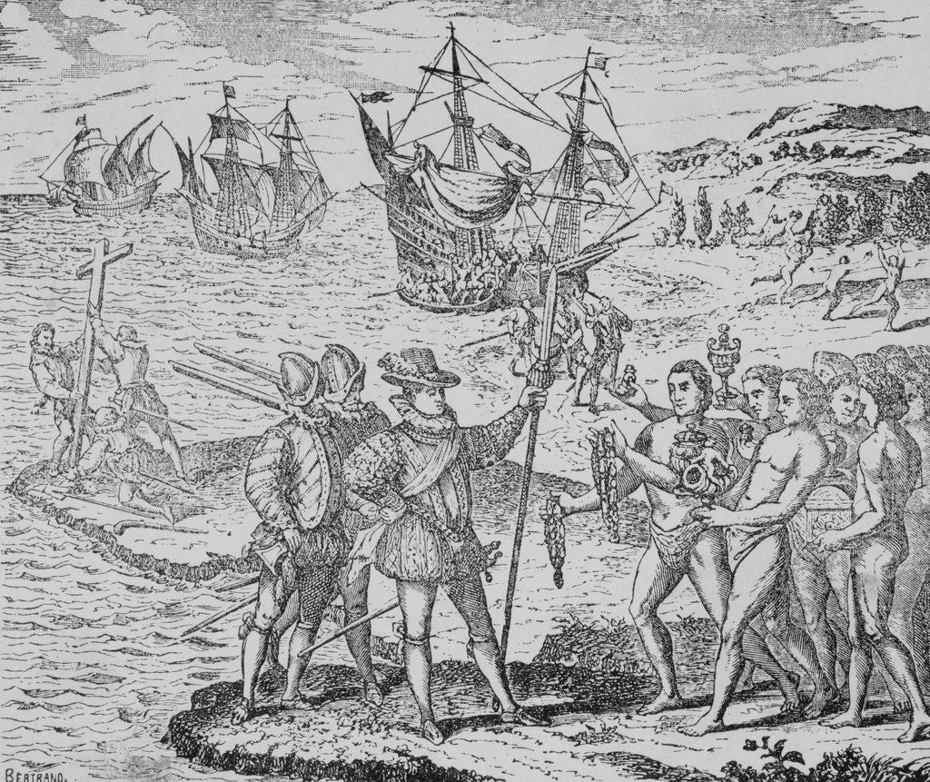 Detail of Christopher Columbus and His Men at Haiti by Corbis