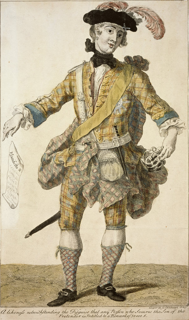 Detail of Prince Charles Edward Stuart, 1720 - 1788. Eldest son of Prince James Francis Edward Stuart ('Wanted Poster') by Richard Cooper