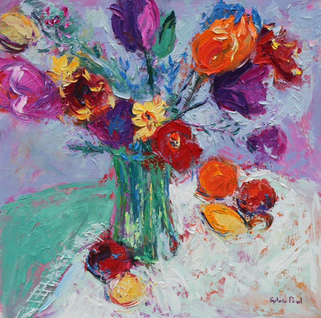 Detail of Tulips and Fruit, 2017 by Sylvia Paul