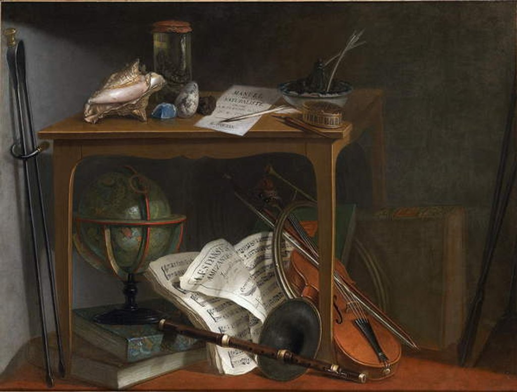 Detail of One of a pair of Devants de Cheminée: Naturalist Manual and Objects Resting on a Table, 1775 by Nicolas Henri Jeaurat de Bertry