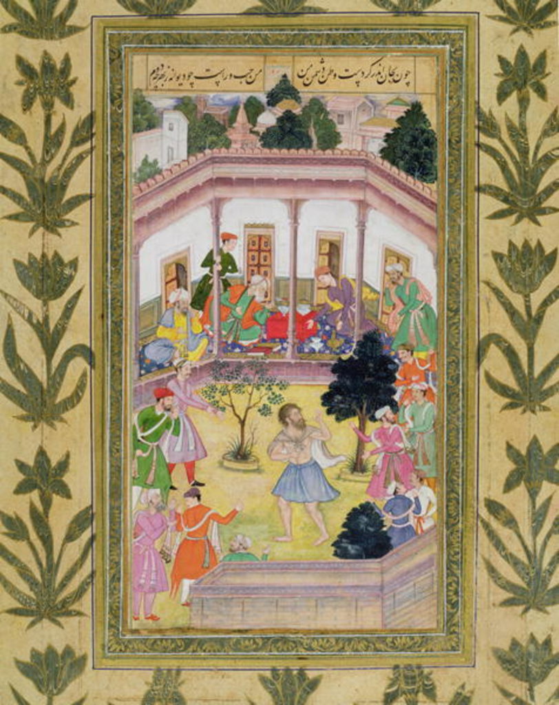 Detail of Disturbance by a madman at a social gathering by Mughal School