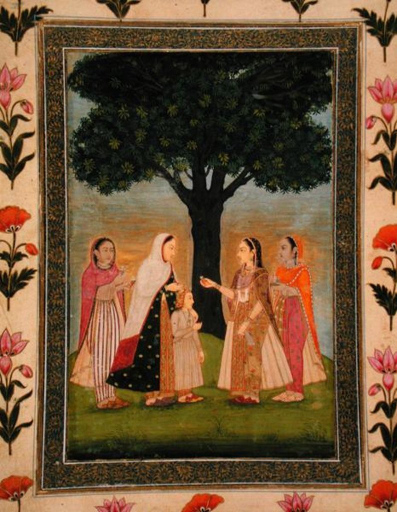 Detail of Four Ladies meet by a Tree by Mughal School