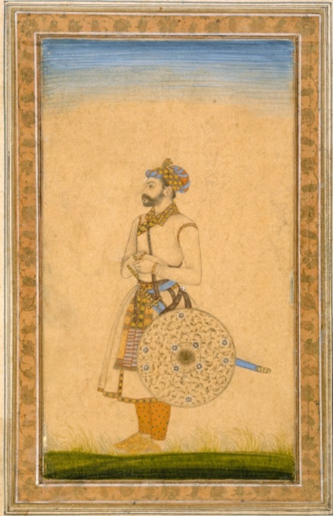 Detail of An Officer, standing, with sword and shield by Mughal School
