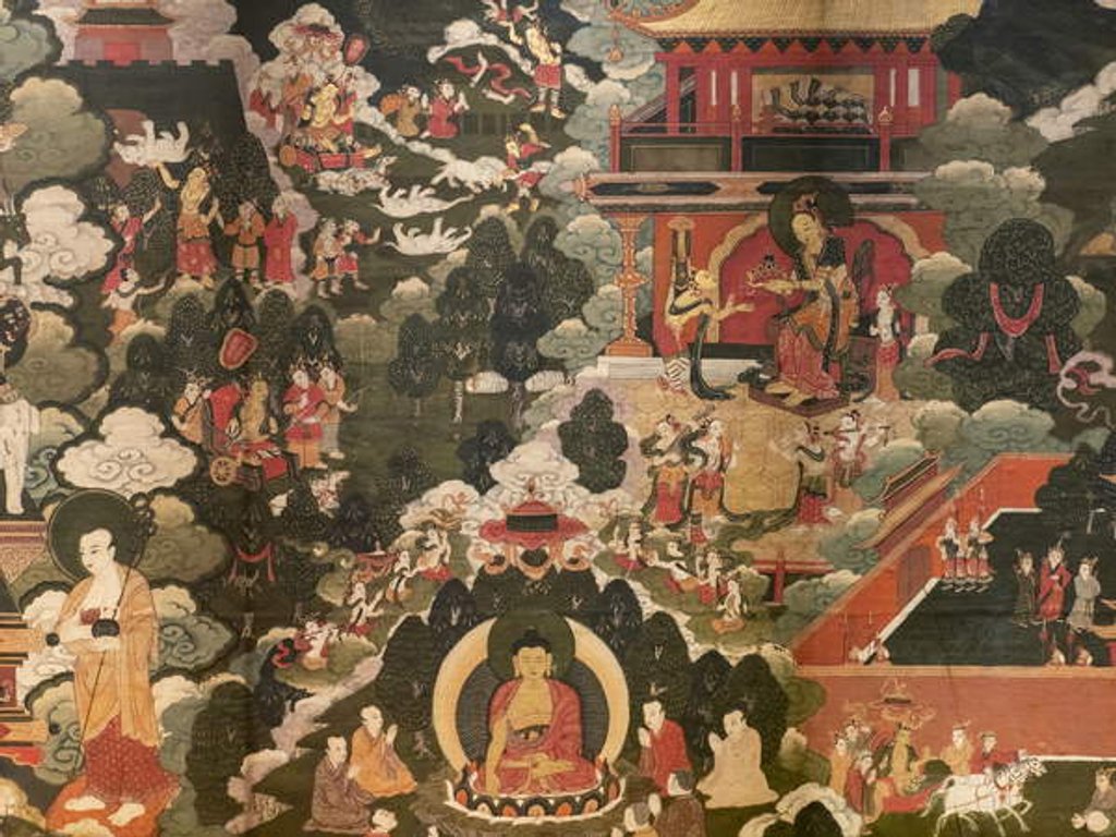 Detail of Scenes of the life of the Buddha Shakyamuni. First half of the 17th century. Detrempe on canvas. by Tibetan School