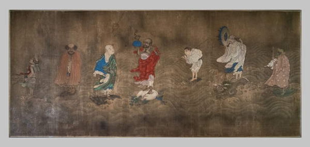 Detail of Eighteen arhat crossing the sea. China, Ming Dynasty, 15th. Horizontal roll, ink and colours on silk. by Chinese School