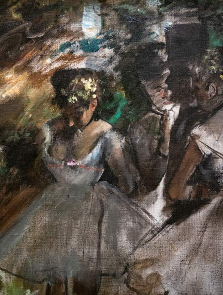Detail of Three dancers behind the scenes. 1880-1885. Oil on canvas. by Edgar Degas