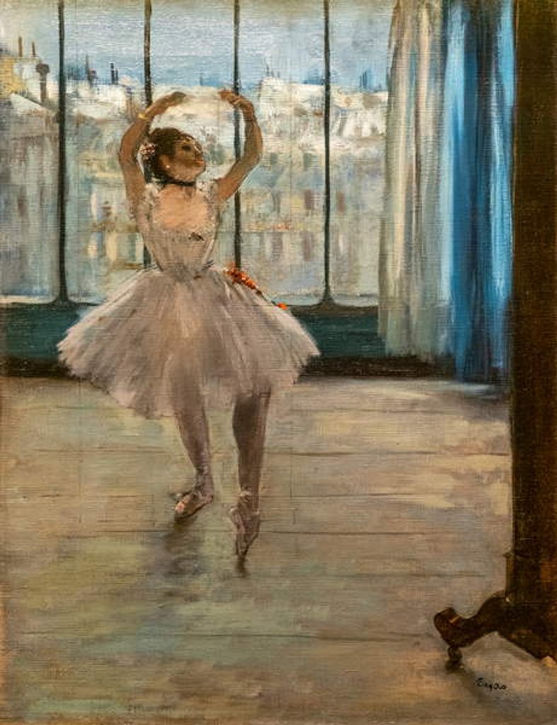 Detail of Dancer posing at a photographer's house. Oil on canvas. by Edgar Degas