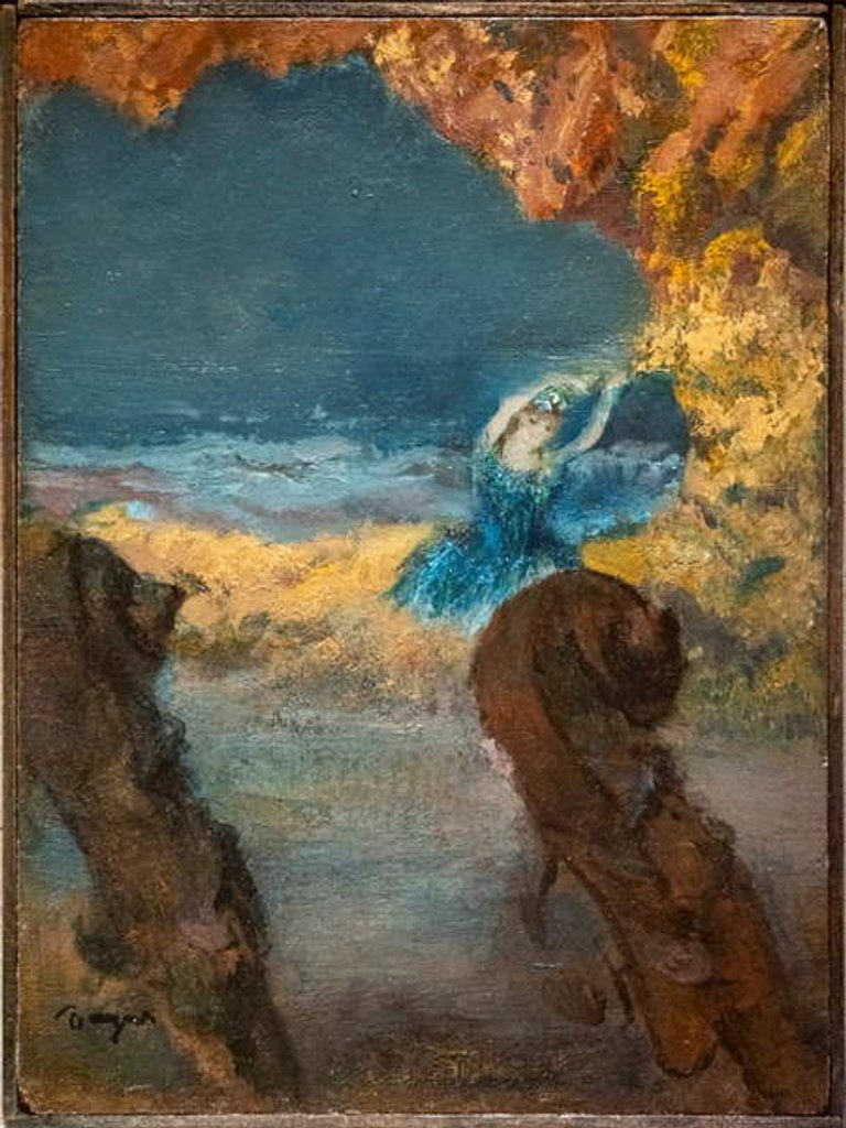 Detail of Blue dancer and double bass. 1891. Oil on wood by Edgar Degas