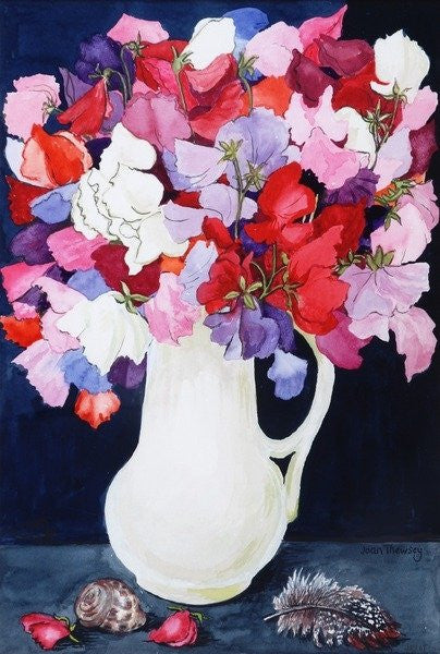 Sweet Peas in a White Jug with Shell and Feather by Joan Thewsey