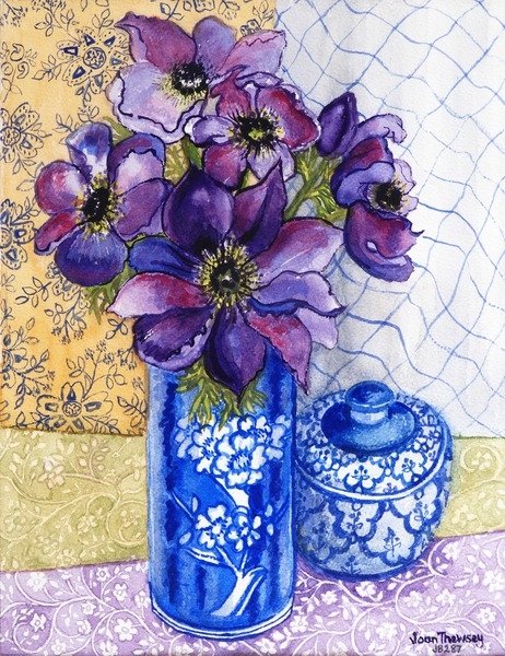 Detail of Anemones in a Blue and White Vase with Pot and Textiles, 2012 by Joan Thewsey