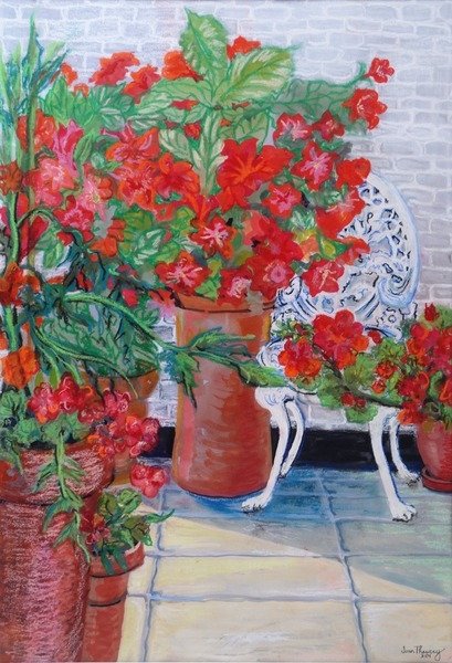Detail of Geraniums and Petunias on the Terrace, 2011 by Joan Thewsey