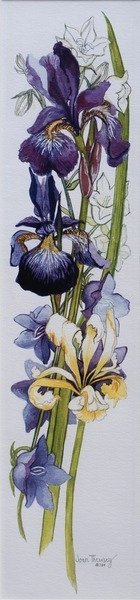 Detail of Purple and Yellow Irises with White and Mauve Campanulas, 2013 by Joan Thewsey