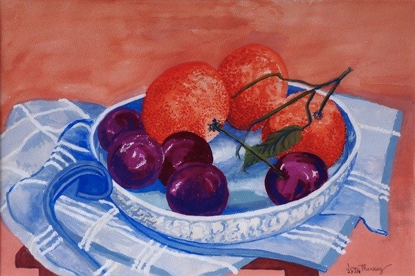 Detail of Plums and Mandarins in a dish, 2013 by Joan Thewsey
