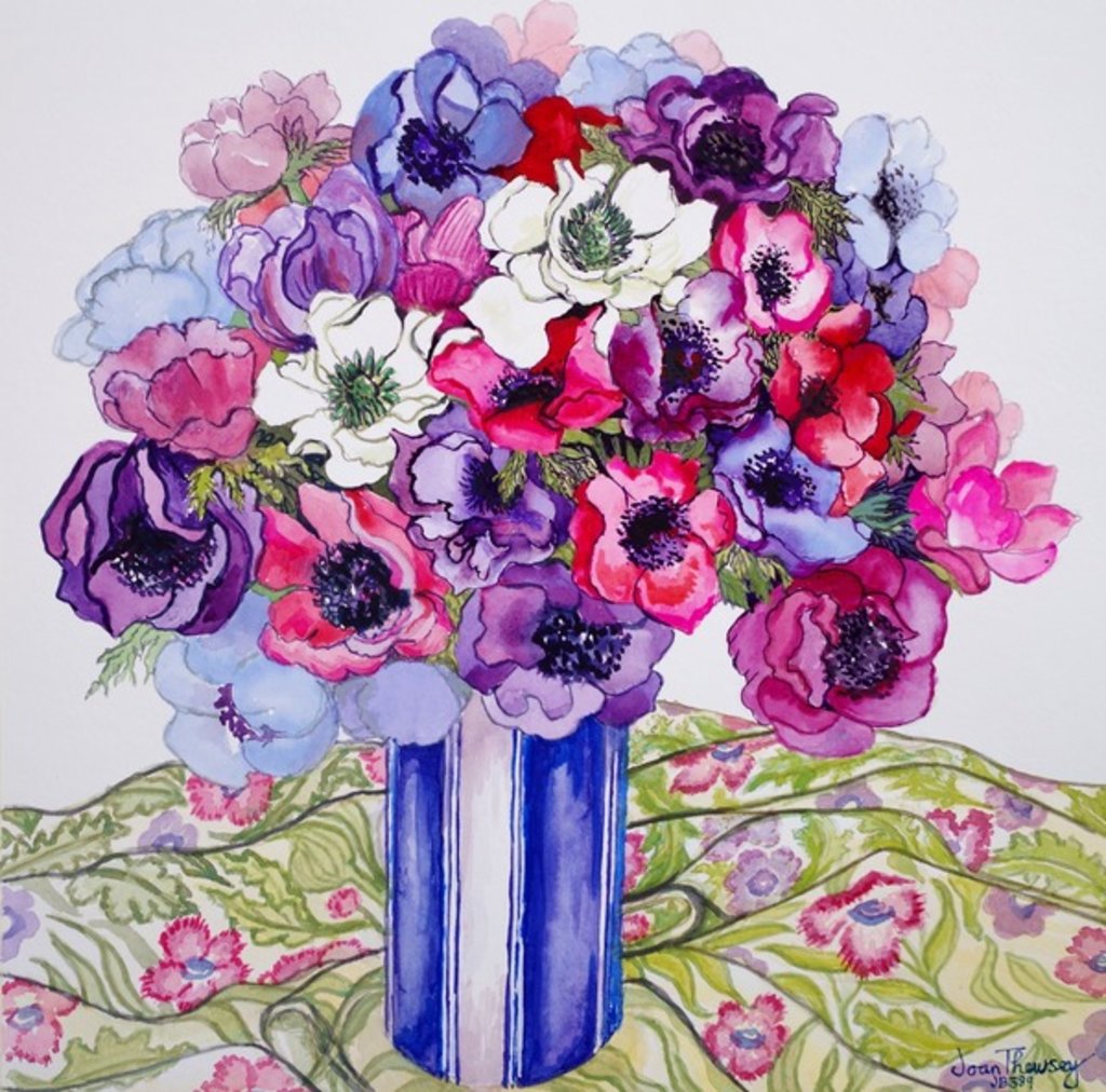 Detail of Anemones in a Striped Pot, 2015 by Joan Thewsey