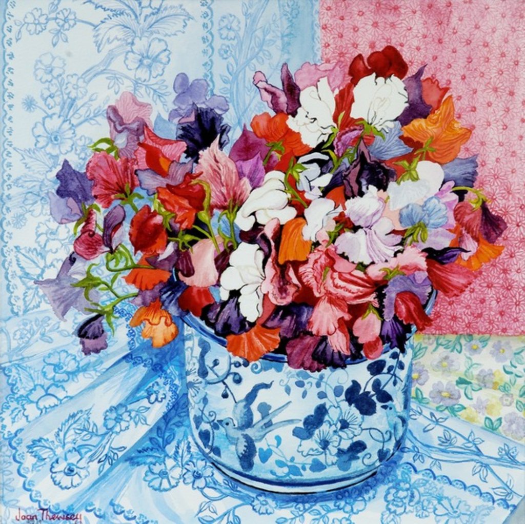 Detail of Sweet Peas in a Blue and White Pot, 2010 by Joan Thewsey