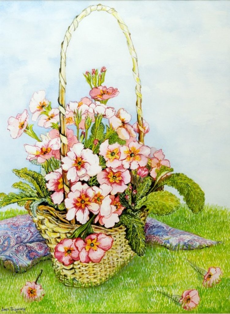 Detail of Pink Primroses in a Florist's Basket with a Paisley Scarf, 2010 by Joan Thewsey