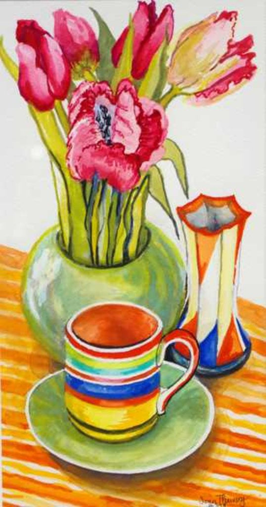 Detail of Striped Cup with Saucer, Vase and Tulips by Joan Thewsey