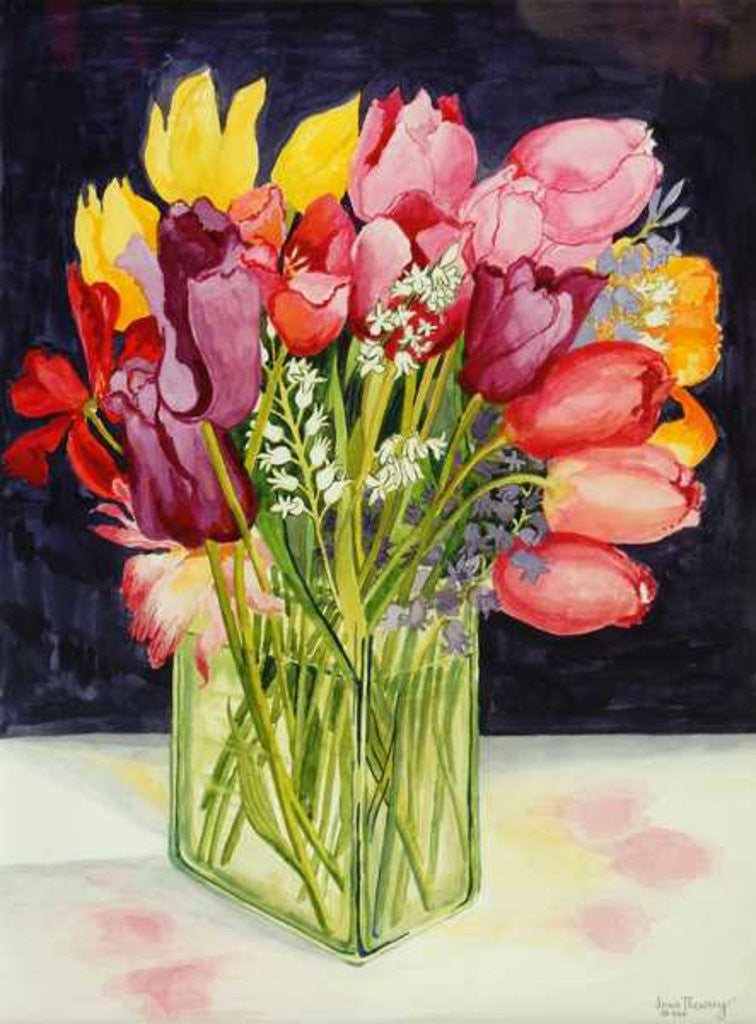 Detail of Tulips and Bluebells in a Rectangular Glass Tub by Joan Thewsey