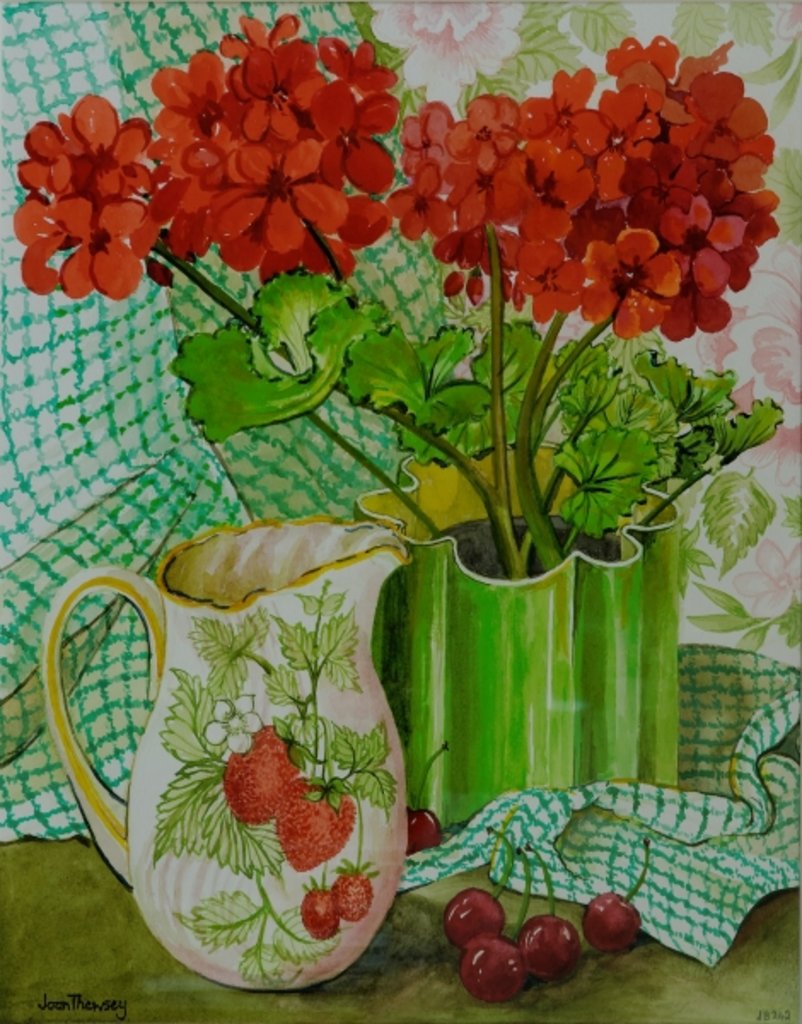 Detail of Red geranium with the strawberry jug and cherries by Joan Thewsey
