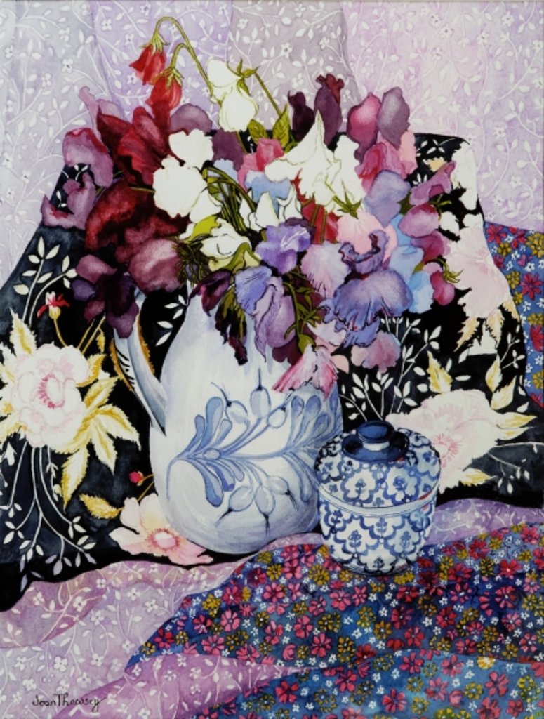 Detail of Sweet peas in a blue and white jug with blue and white pot and textiles by Joan Thewsey