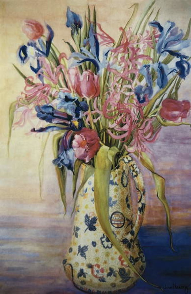 Detail of Iris, Tulips and Pink Spider Lilies in a Japanese Jug by Joan Thewsey