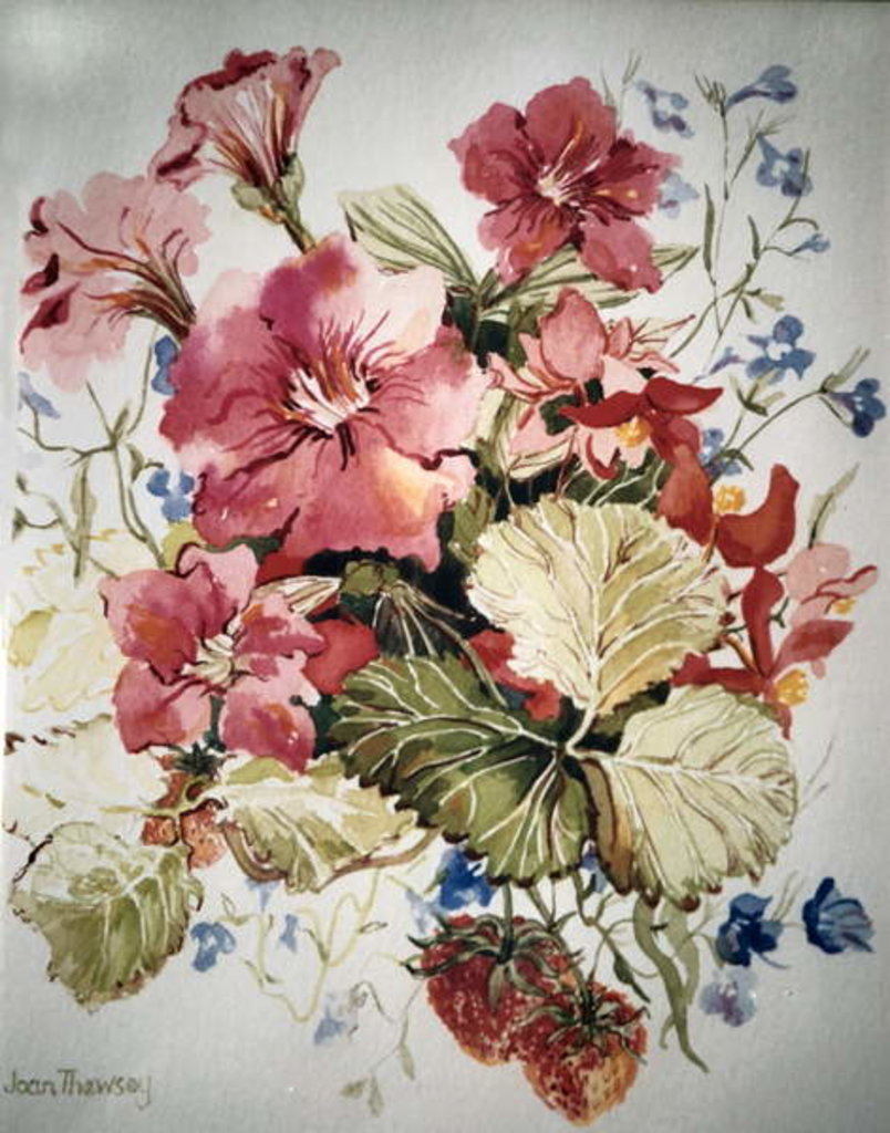 Detail of Petunias, Lobelias, Begonias and Strawberries in a Terrace Pot by Joan Thewsey