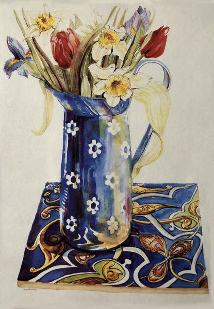 Detail of Tulips, Iris and Narcissus in a Blue Enamel Jug with an Italian Tile by Joan Thewsey