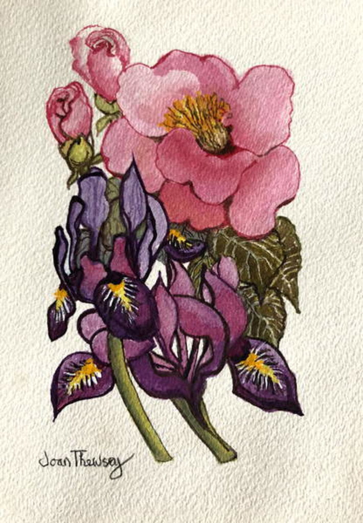 Detail of Camellia and Dutch Iris by Joan Thewsey