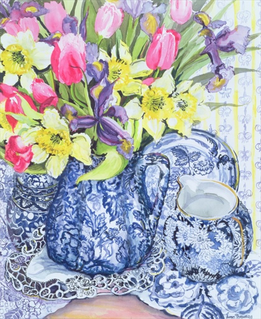Detail of Daffodils, Tulips and Irises with Blue Antique Pots by Joan Thewsey
