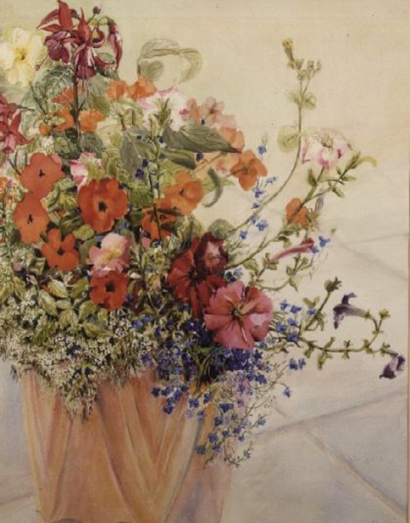Detail of Petunias, Lobelias, Busy Lizzies and Fuschia in a Terracotta Pot by Joan Thewsey