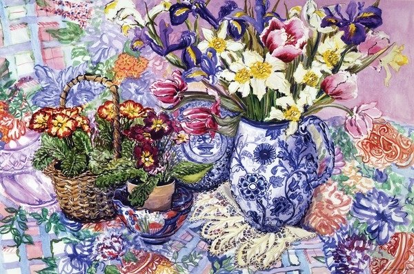 Detail of Daffodils, Tulips and Iris in a Jacobean Blue and White Jug with Sanderson Fabric and Primroses by Joan Thewsey