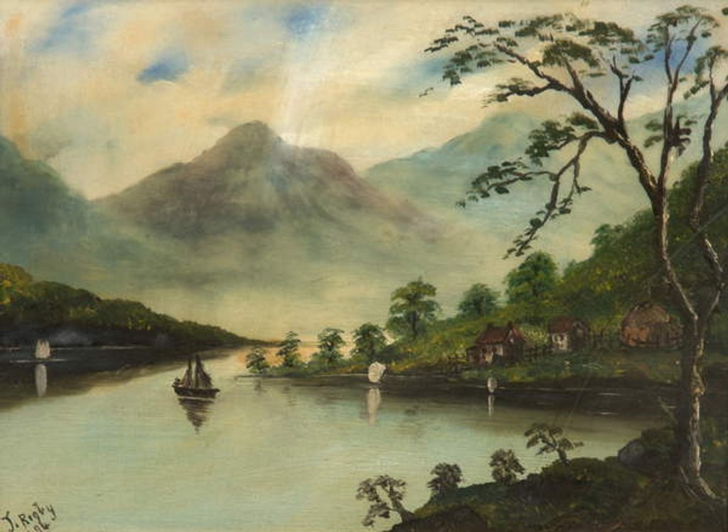 Detail of Landscape with Lake, Mountains and Sailing Boat, 1894 by J. Rigby