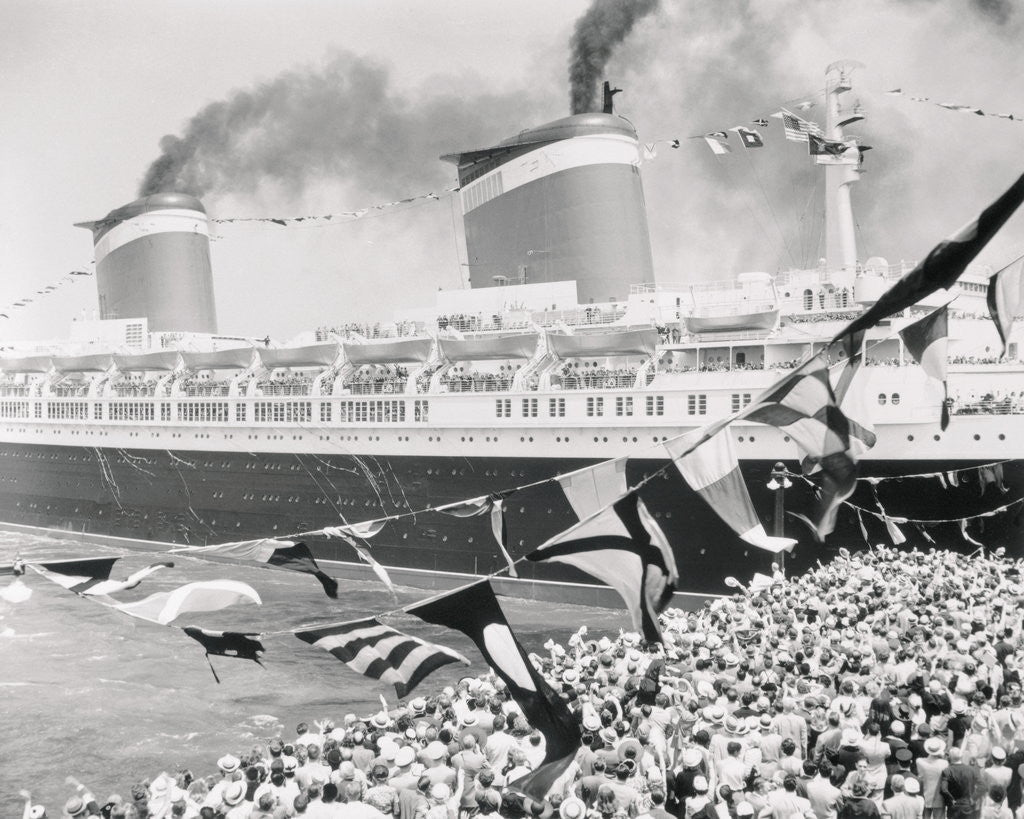 Detail of Huge Crowd Near Smoking Liner Leaving Pier by Anonymous
