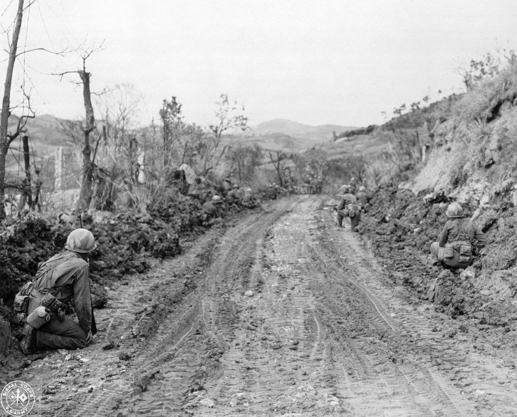 Detail of American Soldiers Kneeling on Side of Road in Okinawa by Anonymous