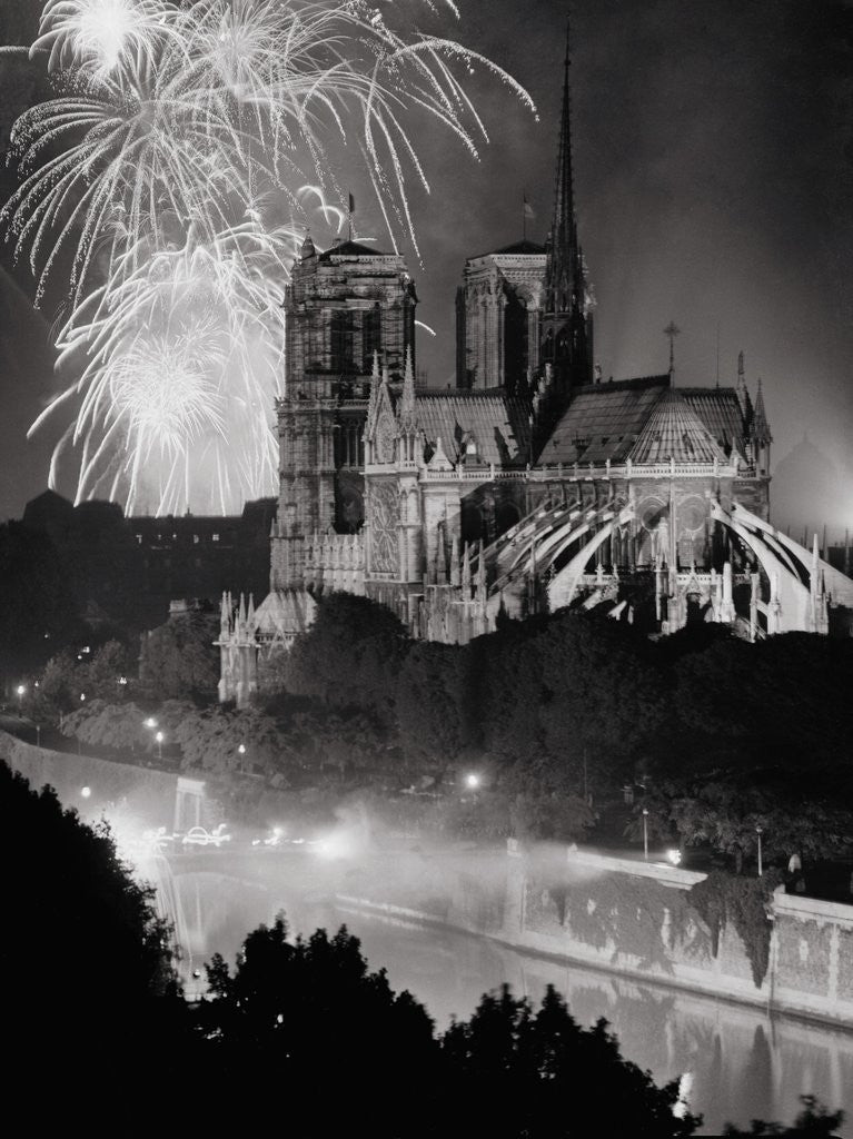 Detail of View of Notre Dame Under Firework Display by Anonymous