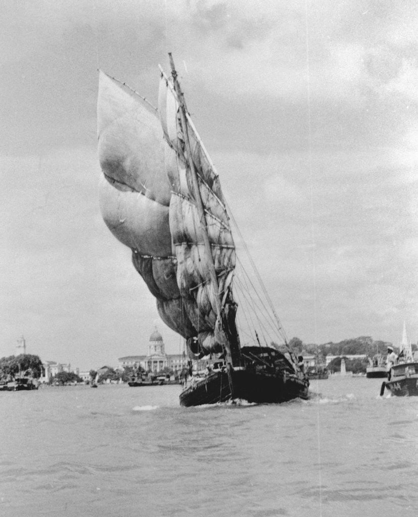 Detail of Majestic Sailboat in Singapore Harbor by Anonymous