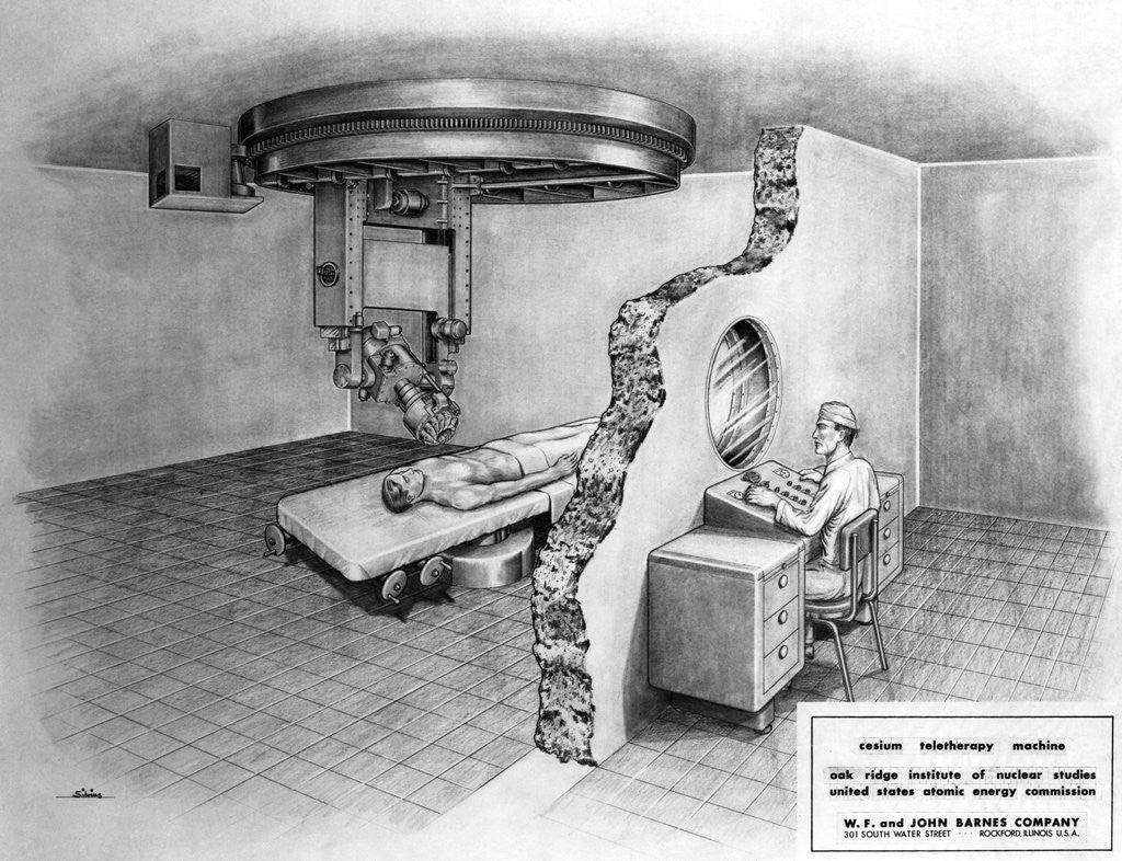 Detail of Illustration of Employee Using Cancer Treatment Machinery on Patient by Anonymous