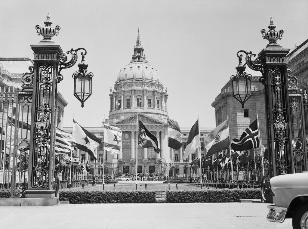 Detail of Exquisite Exterior of Building with Flags by Anonymous