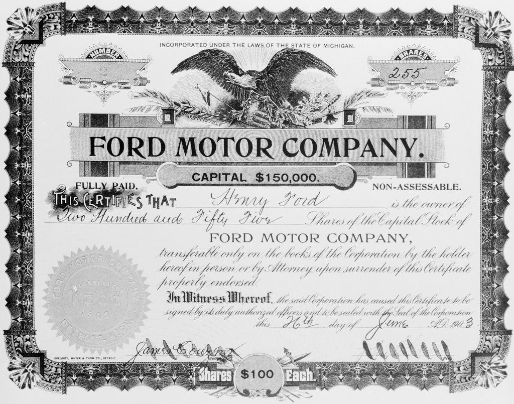 Detail of View of Stock Certificate Owned by Henry Ford by Anonymous