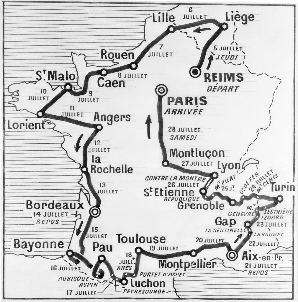 Detail of Map Showing Route of Tour De France by Anonymous