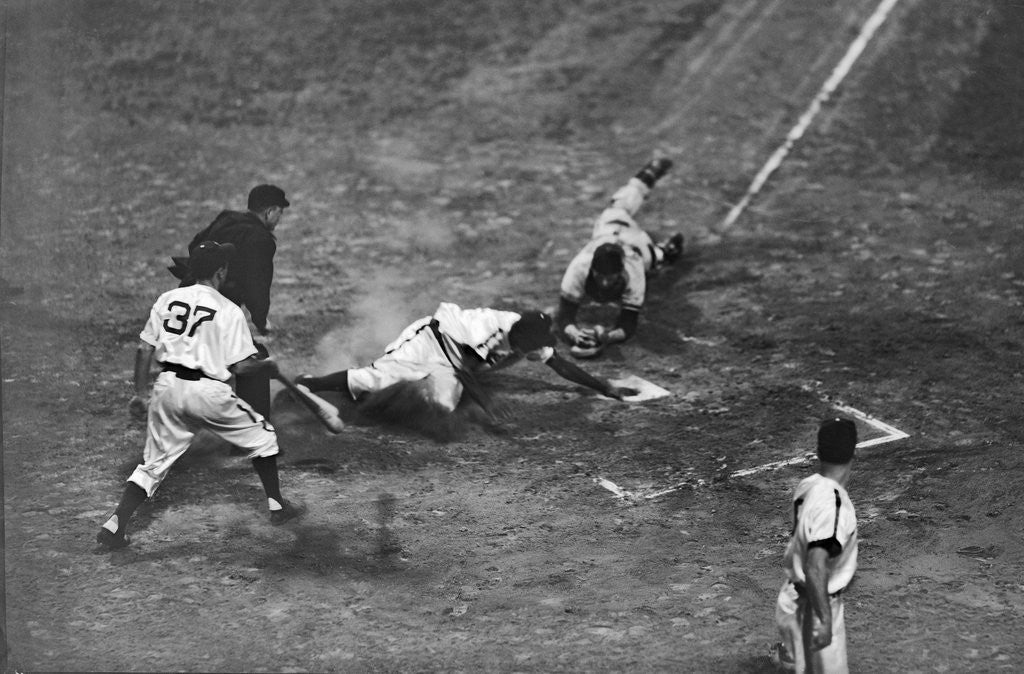 Detail of Jackie Robinson Sliding into Home Plate by Corbis