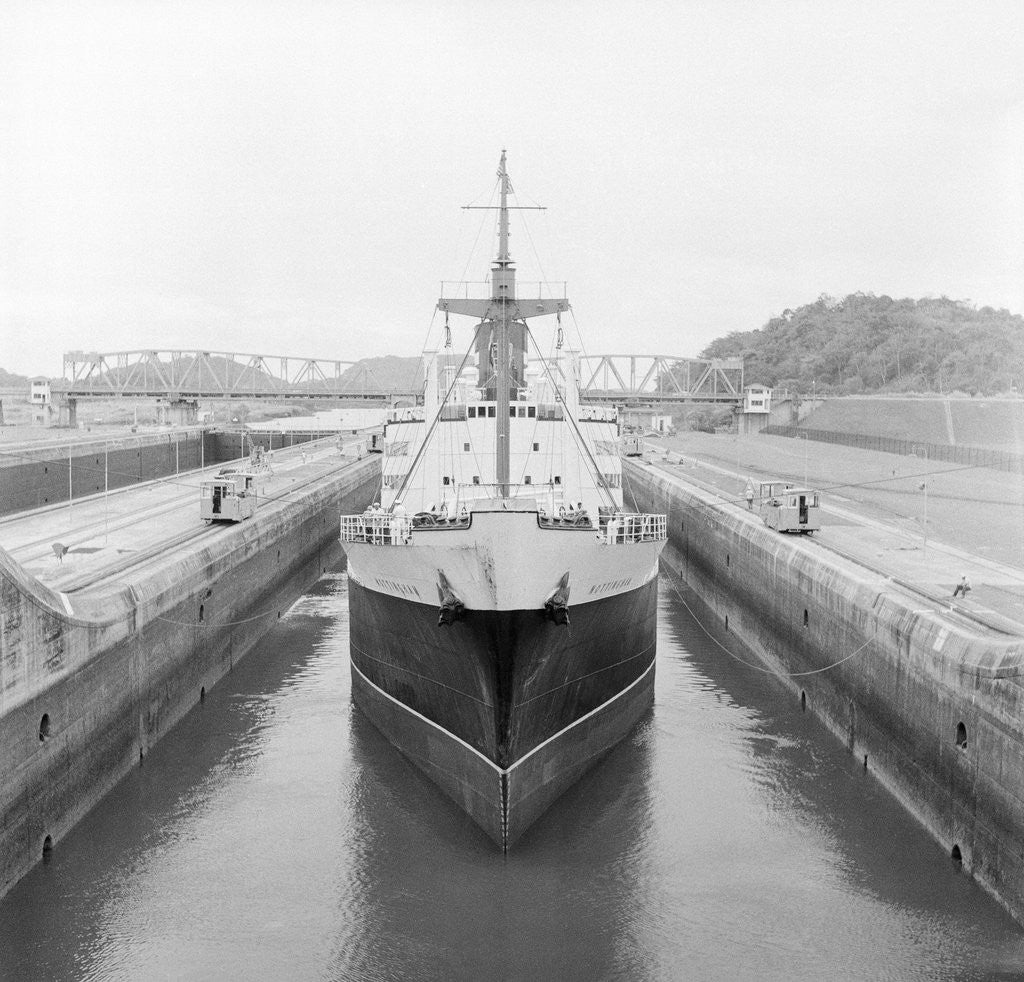 Detail of Ship Being Towed Through First Lock of Panama Canal by Anonymous