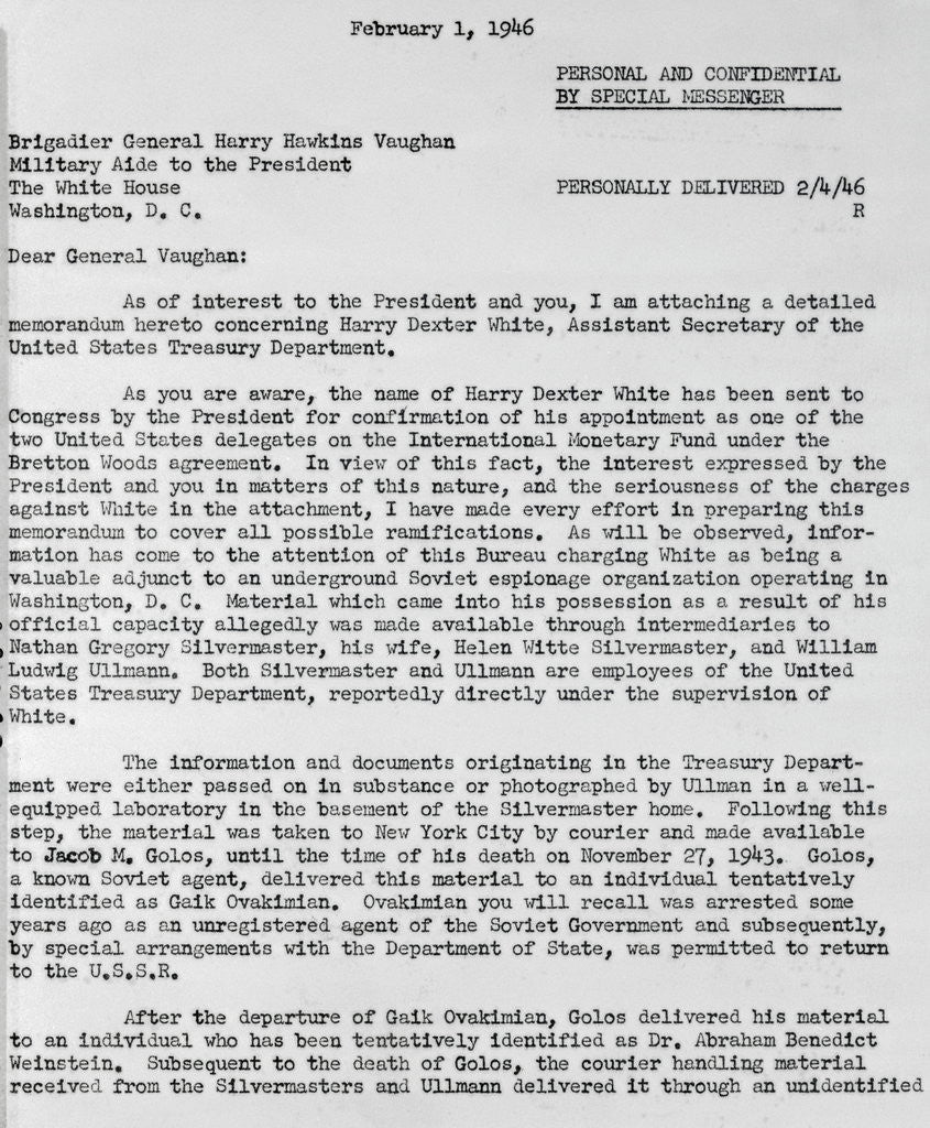 Detail of Top Secret Letter from J. Edgar Hoover by Anonymous